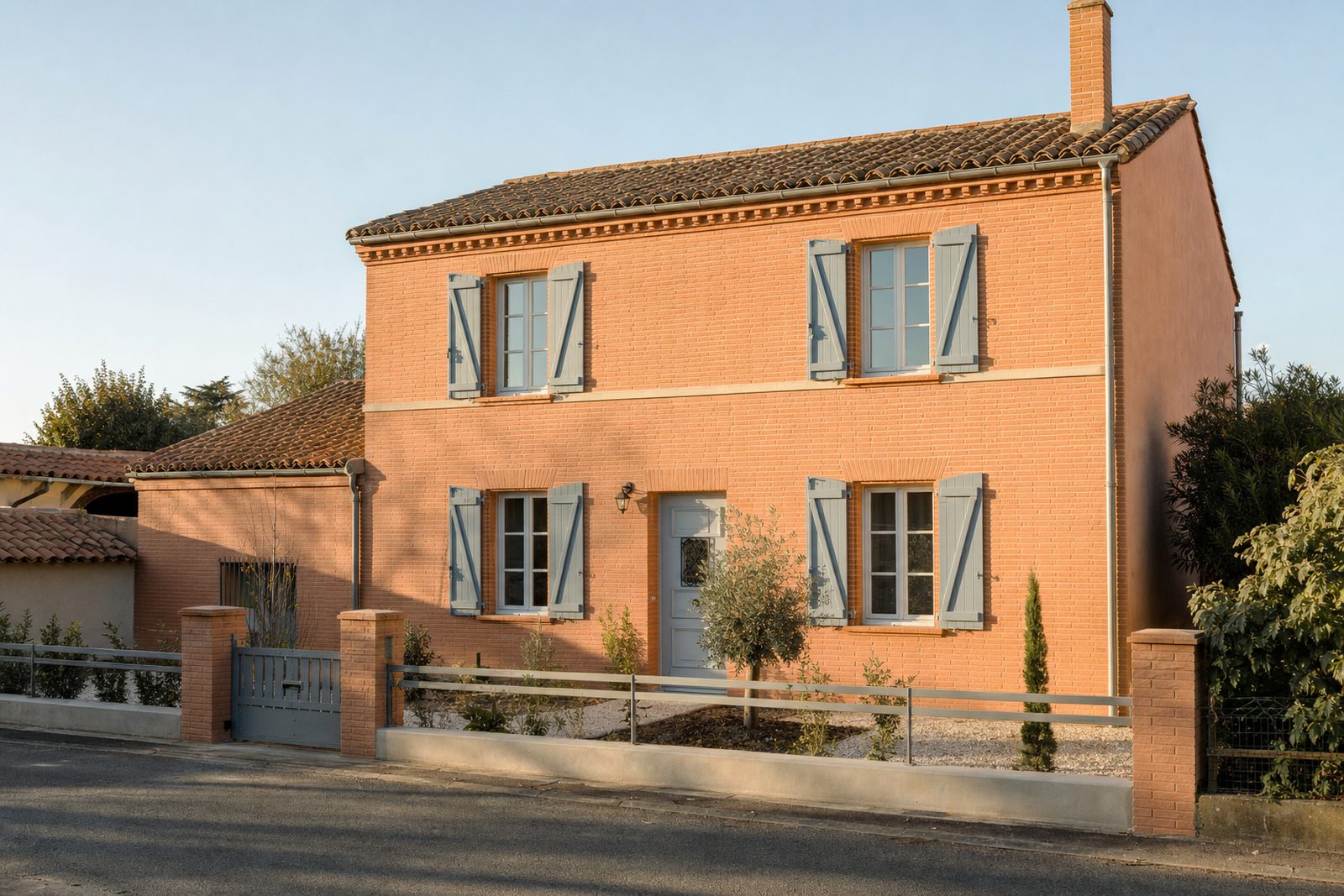 Maison individuelle en brique toulousaine, façade fraîchement ravalée, fin de journée (illustration)