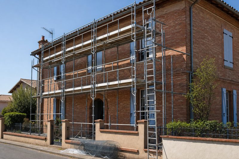 Échafaudage sur une façade de pavillon (illustration)